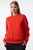 Trendyol Red Thick Inside Fleece Regular/Normal Fit Slogan Embroidered Knitted Sweatshirt