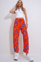 Trend Alaçatı Stili Women's Orange Elastic Waist Patterned Woven Viscose Trousers