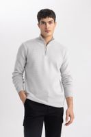 DEFACTO Grey Standard Fit Regular Cut Bato Collar Zippered Basic Plain Knitwear Sweater