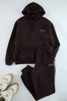 Trendyol Brown Oversize/Wide Cut Hooded Embroidered Inside Polar Fleece Sweatshirt Tracksuit