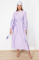 Trendyol Lilac Wide Belted Zipper Cuff Woven Linen Look Dress