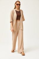 Olalook Women's Beige Top Kimono Bottom Pants Set