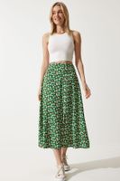 Happiness İstanbul Women's Green Orange Floral Slit Summer Viscose Skirt