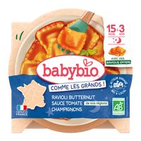 BABYBIO celé ravioli s tekvicovou plnkou, paradajkovým pyré a šampiňónmi