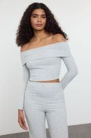 Trendyol Gray Melange Carmen Collar Body-Smoothing Flexible Ribbed Knitted Blouse