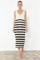 Trendyol Stone Striped Unlined Openwork/Perforated Knitwear Dress