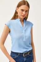 Olalook Women's Baby Blue V-Neck 4-Button Viscose Blouse