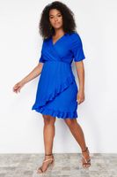 Trendyol Curve Blue Double Breasted V Neck Flounce Mini Knitted Plus Size Dress