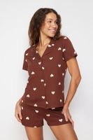 Trendyol Brown 100% Cotton Heart Knitted Pajama Set