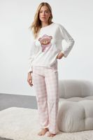 Trendyol Ecru 100% Cotton Teddy Bear Printed Plaid Knitted Pajama Set