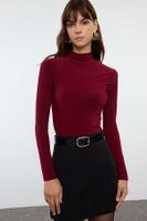 Trendyol Burgundy Fitted Long Sleeve Stand Collar Ribbed Stretchy Knitted Blouse