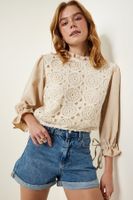 Happiness İstanbul Women's Beige Lace Detailed Woven Linen Blouse