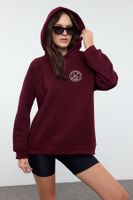 Trendyol Plum Slogan Printed Oversize/Wide Pattern Thick Inside Polar Fleece Knitted Sweatshirt