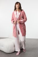 Trendyol Dusty Rose Belted Teddy Bear Embroidered and Plaid Winter Wellsoft Knitted Dressing Gown