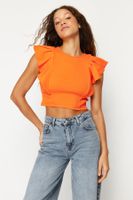 Trendyol Orange Sleeves Frilly Ribbed Stretchy Crew Neck Crop Knitted Blouse