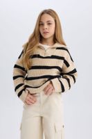 DEFACTO Girls' Standard Fit Stand Collar Zip-Up Striped Knitwear Sweater