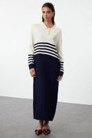 Trendyol Beige Buttoned Navy Blue Color Block Knit Dress