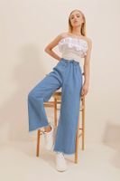 Trend Alaçatı Stili Women's Dark Blue Legs Tasseled High Waist Palazzo Jeans