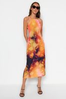 Trendyol Orange Floral Print Straight Cut Halter Neck Midi Satin Lined Woven Dress