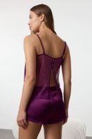 Trendyol Plum Lace and Back Detail Satin Woven Pajama Set with Rope Straps