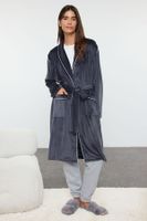 Trendyol Smoke Belted, Piping, Pocketed Velvet Knitted Dressing Gown