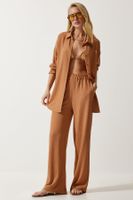 Happiness İstanbul Women's Biscuit Casual Knitted Shirt Pants Suit