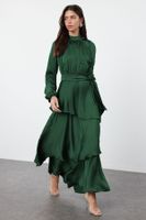 Trendyol Dark Green Skirt Tiered Satin Woven Evening Dress/Evening Dress