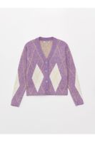 LC Waikiki Girls' V-Neck Patterned Long Sleeve Knitwear Cardigan