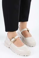 Shoeberry Women's Ophelia Beige Patent Leather Daily Ballet Flats with Gold Buckle