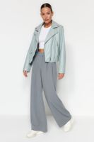 Trendyol Yunus Gray Hook and Loop Closure High Waist Pleated Wide Leg/Wide Cut Knitted Trousers