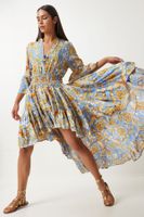 Happiness İstanbul Women's Light Blue Yellow Patterned Asymmetrical Summer Long Viscose Dress