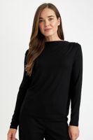 DEFACTO Regular Fit Cowl Neck Basic Plain Long Sleeve Black T-Shirt