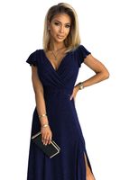 Women's glittering long dress with a neckline CRYSTAL - dark blue