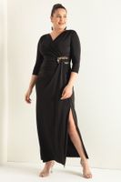 Lafaba női fekete dupla mellű nyakú fain ujjú plus size hosszú estélyi ruha