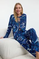 Trendyol Navy Blue Ethnic Patterned Tie/Ribbon/Bow Detailed Viscose Woven Pajama Set