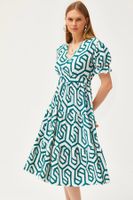 Olalook Women's Green Belted Double Breasted Patterned Dress