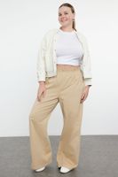 Trendyol Curve Beige 100% Cotton Flexible Elastic Waist Gabardine Thick Plus Size Woven Trousers