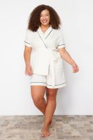 Trendyol Curve Beige Woven Pajama Set with Binding and Piping Detail