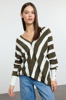 Trendyol Green Deep V Neck Striped Knitted Sweater