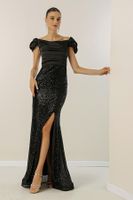 By Saygı Madonna Neck Low Sleeve Front Draped Astered Top Satin Bottom Sequined Long Dress