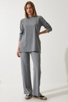 Happiness İstanbul Women's Gray Ribbed Knitted Blouse Pants Suit