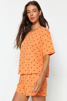 Trendyol Orange-Multicolored 100% Cotton Polka Dot and Heart Knitted Pajama Set