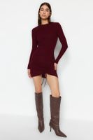 Trendyol Burgundy Mini Knitwear Gathered Detail Dress