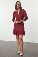 Trendyol Claret Red Belted A-Line/A-Line Form Wrap/Textured Knitted Dress