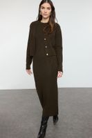 Trendyol Dark Khaki Corduroy Soft Texture Knitted Dress Cardigan Set