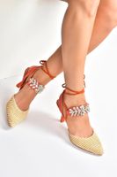 Fox Shoes Orange Straw Stone Detailed Women's Heeled Shoes