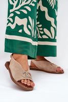 Boto Sandały Damskie Z Ozdobą Na Płaskim Obcasie Eko Zamszowe Beżowe Ralisses