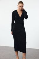 Trendyol Black-Green Body-Smooth V-Neck Glittery Knitted Dress