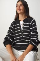 Happiness İstanbul Women's Black Buttoned Collar Striped Knitwear Sweater