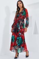 Bigdart Women's Red Green Patterned Chiffon Dress 2134